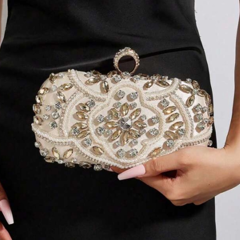 Elegant Cream and Gold Embellished Clutch